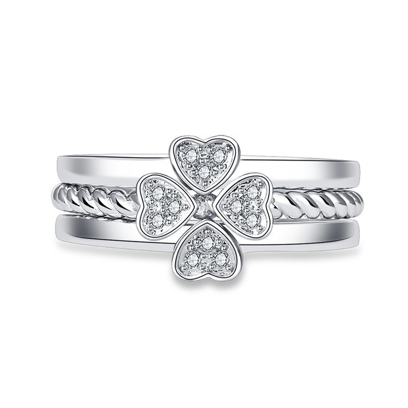 Four-Leaf Clover Adjustable Ring, White Gold, Rotatable with Zircon Stones