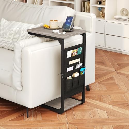 Narrow C-Shaped End Table with Storage Bag, Small Couch Side Table, 1 Greige