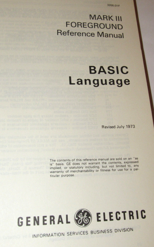 VTG 1973 GE/GENERAL ELECTRIC MARK III COMPUTER BASIC LANGUAGE REFERENCE MANUAL!