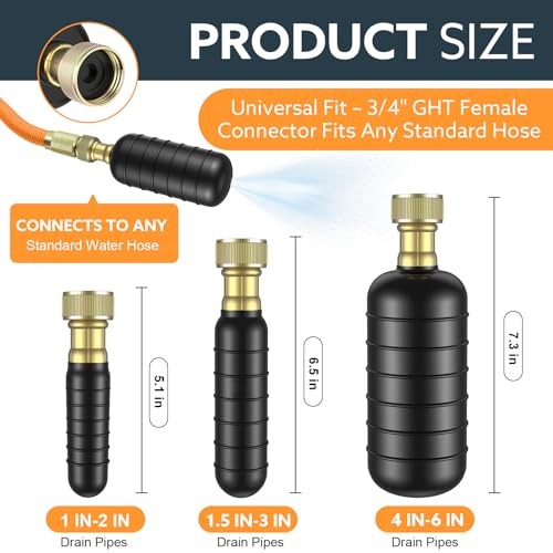 3-Pack Drain Bladder Kit, Water-Powered Rubber Drain Cleaning Bladder, Fits 1