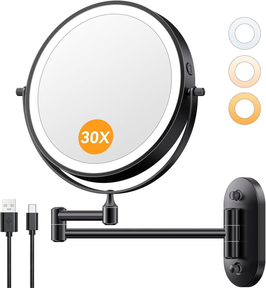 Rechargeable 8" Double-Sided Lighted Makeup Mirror with 360° Rotation, Black