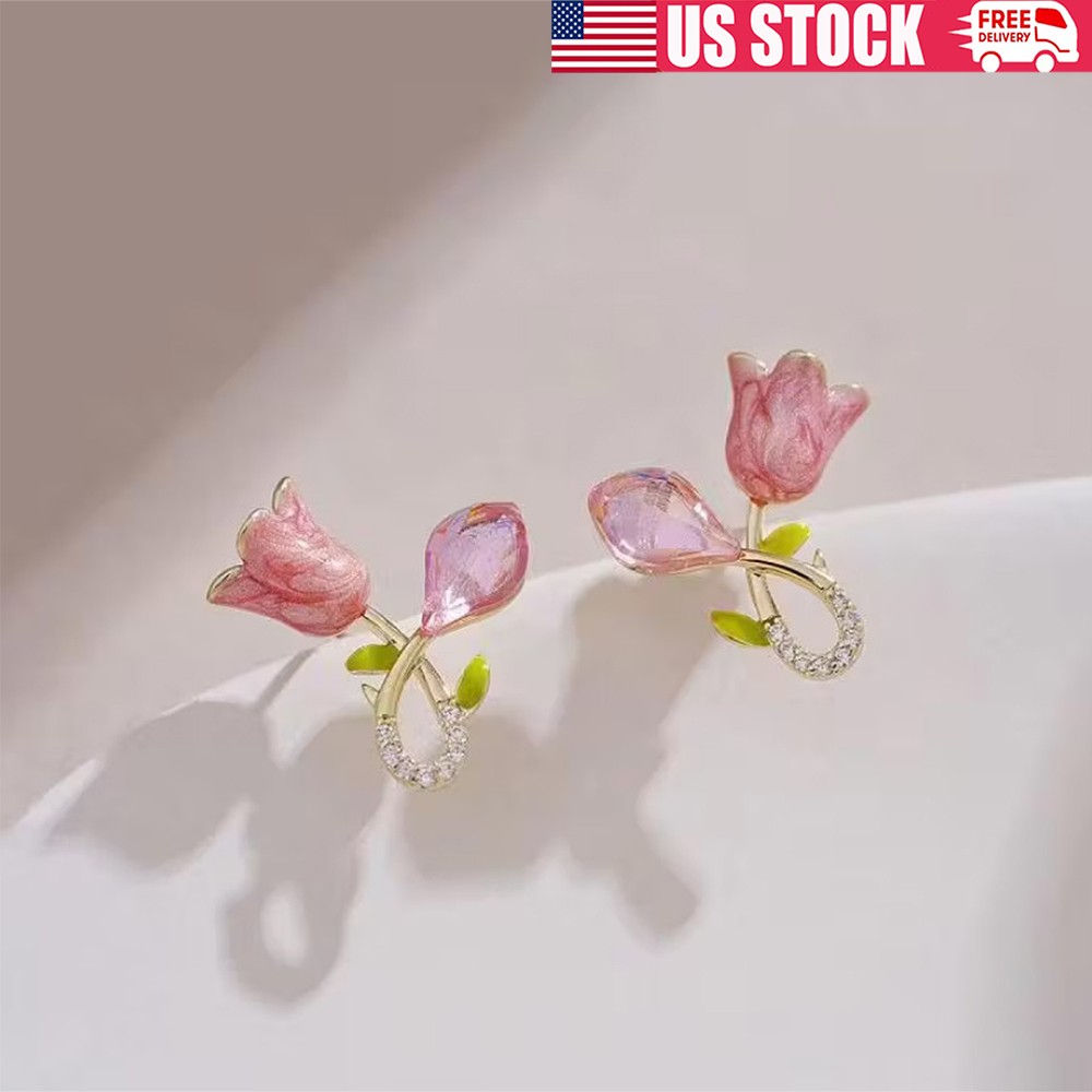 Tulip Flower Rhinestone Earrings For Women Elegant Ear Ornaments Jewelry Gifts