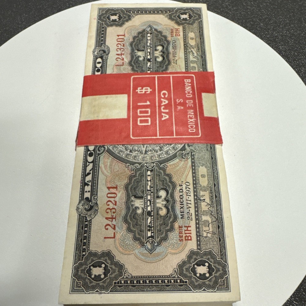 1970 Mexico 1peso 108 Uncirculated Sequence Bank Notes Consecutive Serial.