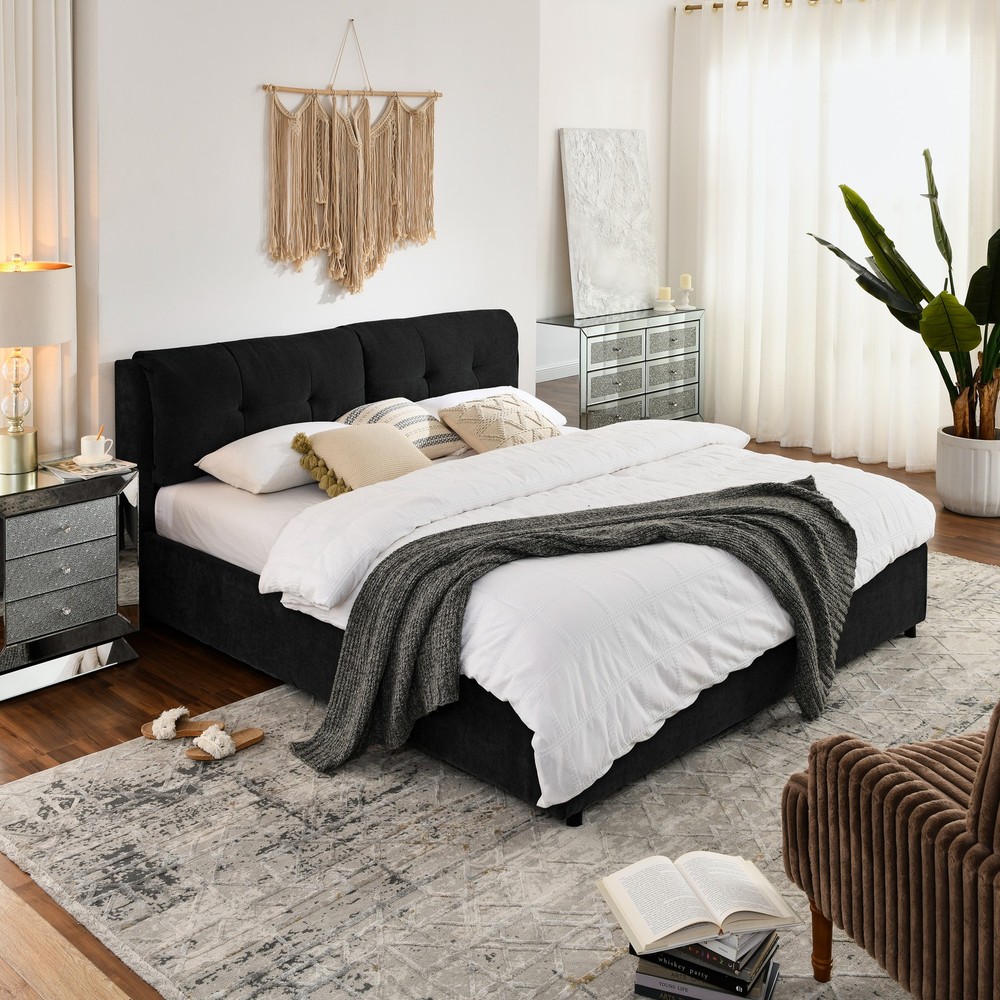 King Size Chenille Fabric Storage Upholstered Hydraulic Platform Bed w/Headboard