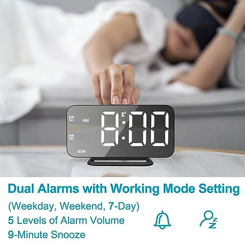 Slim LED Digital Alarm Clock, Mirror Surface for Makeup, with Diming, Black