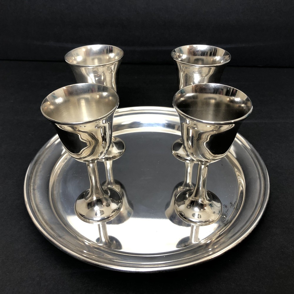 F.B Rogers Silver Co 5 Piece Cordial Set Goblets & Round Tray Zinc