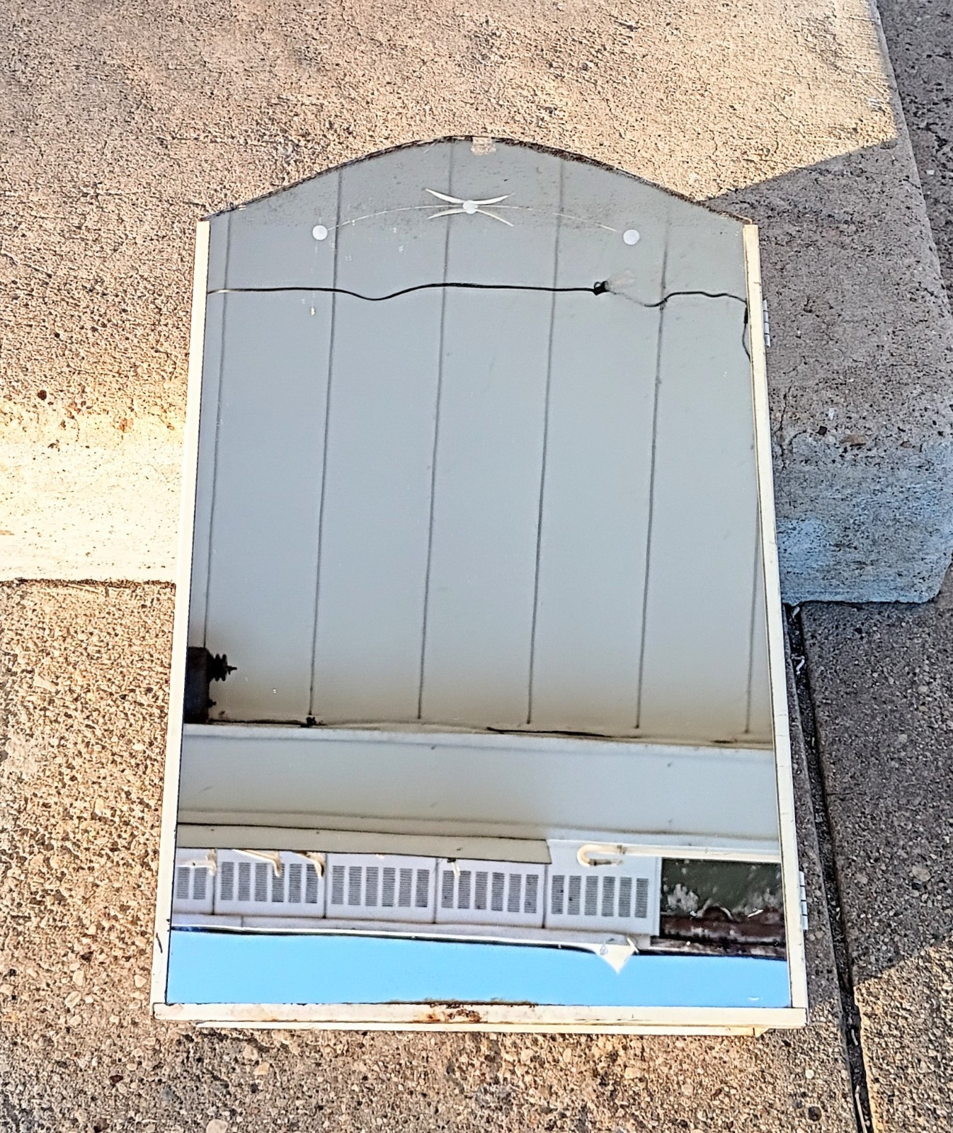 Vintage Metal Wall Mount Medicine Cabinet Arched Door Mirror Etched Lines & Dots