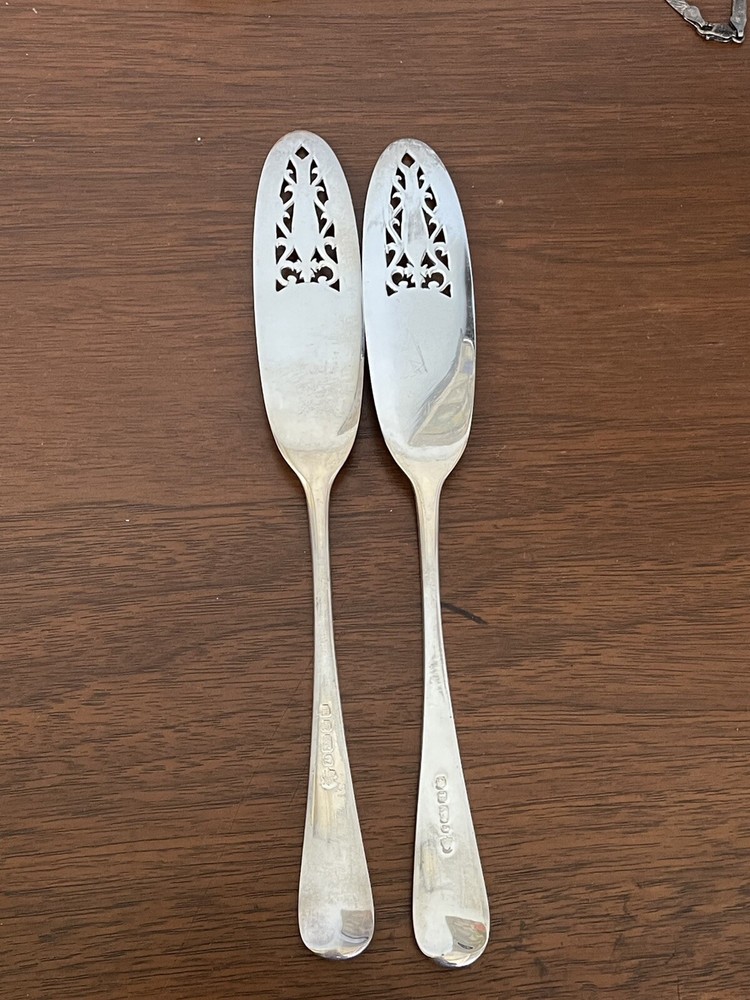 Pair Antique Victorian EP Pierced Silver Plate Fish Server Spatulas w Shields