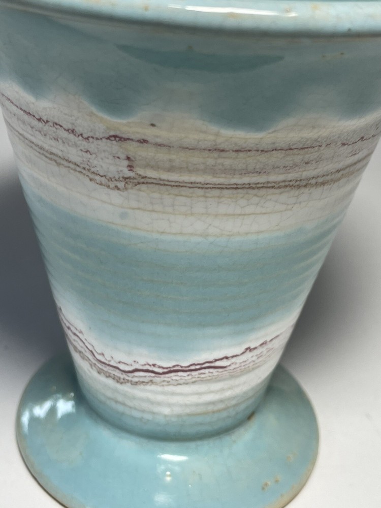 Blue Ceramic Footed Vase with Red Thread Patterns Crackle Made in Japan 5.25”