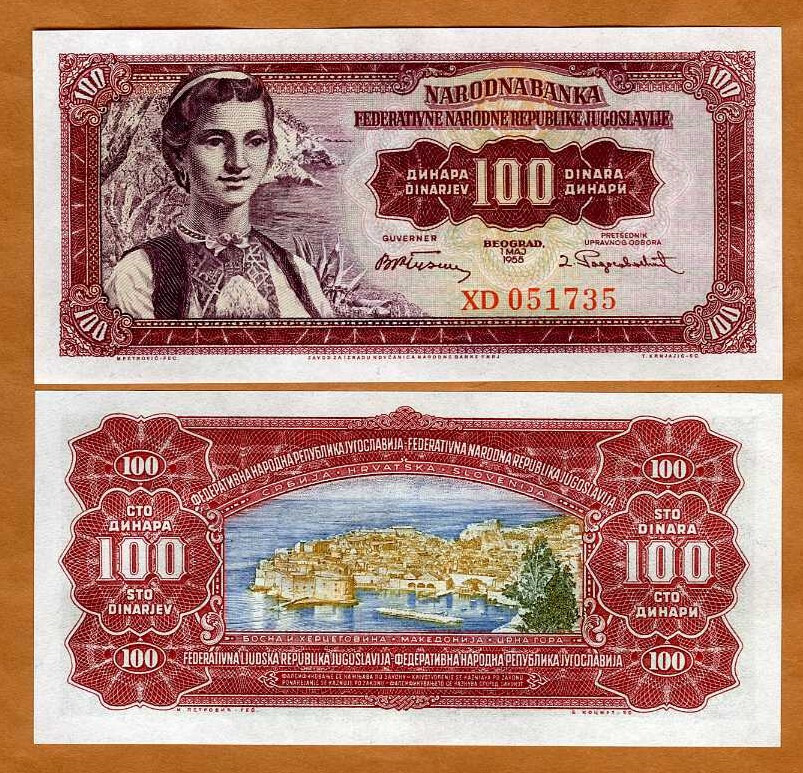 Yugoslavia, 100 dinara, 1955, P-69, UNC Peasant in a traditional garb