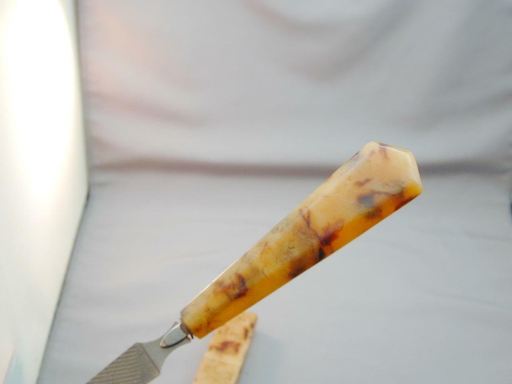 Early Marbled Plastic Bakelite? Handled Nail File In Marbled Case Mid Century