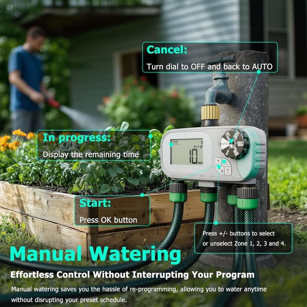 4 Zone Water Timer, Programmable Sprinkler Timer for Garden Hose with Rain Delay