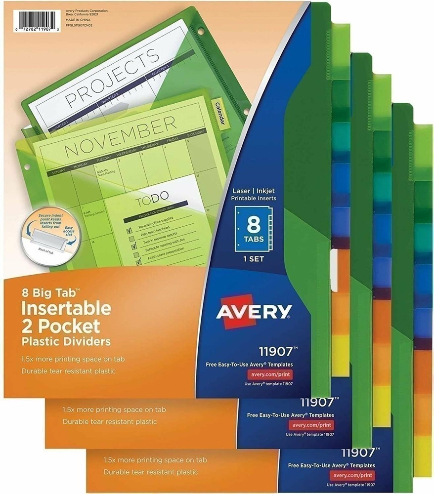 Avery 8-Tab Plastic Binder Dividers with Pockets, Insertable Multicolor 3 sets