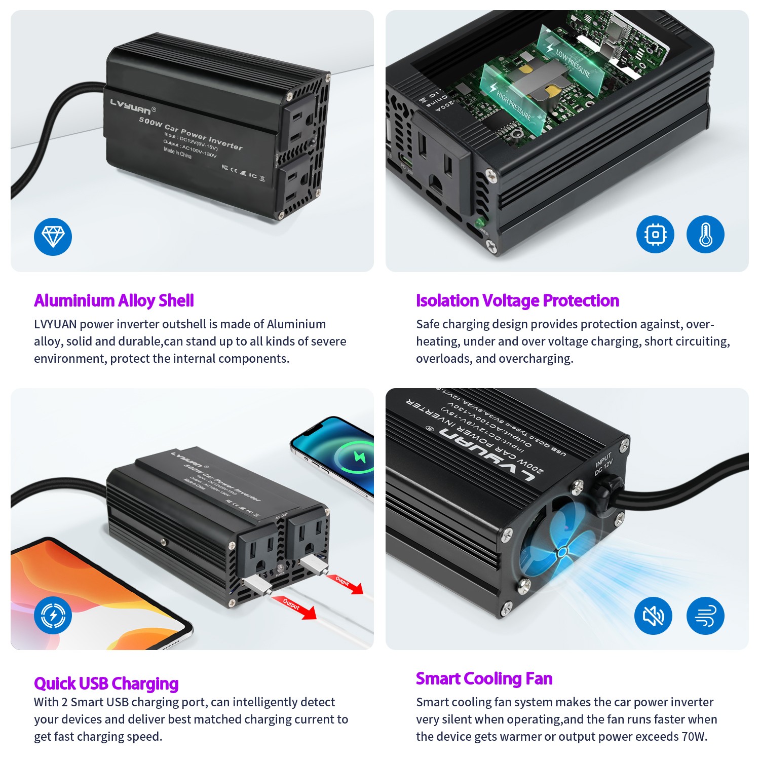 500W Power Inverter DC 12V to 110V AC Car Plug Adapter Outlet Converter for Car