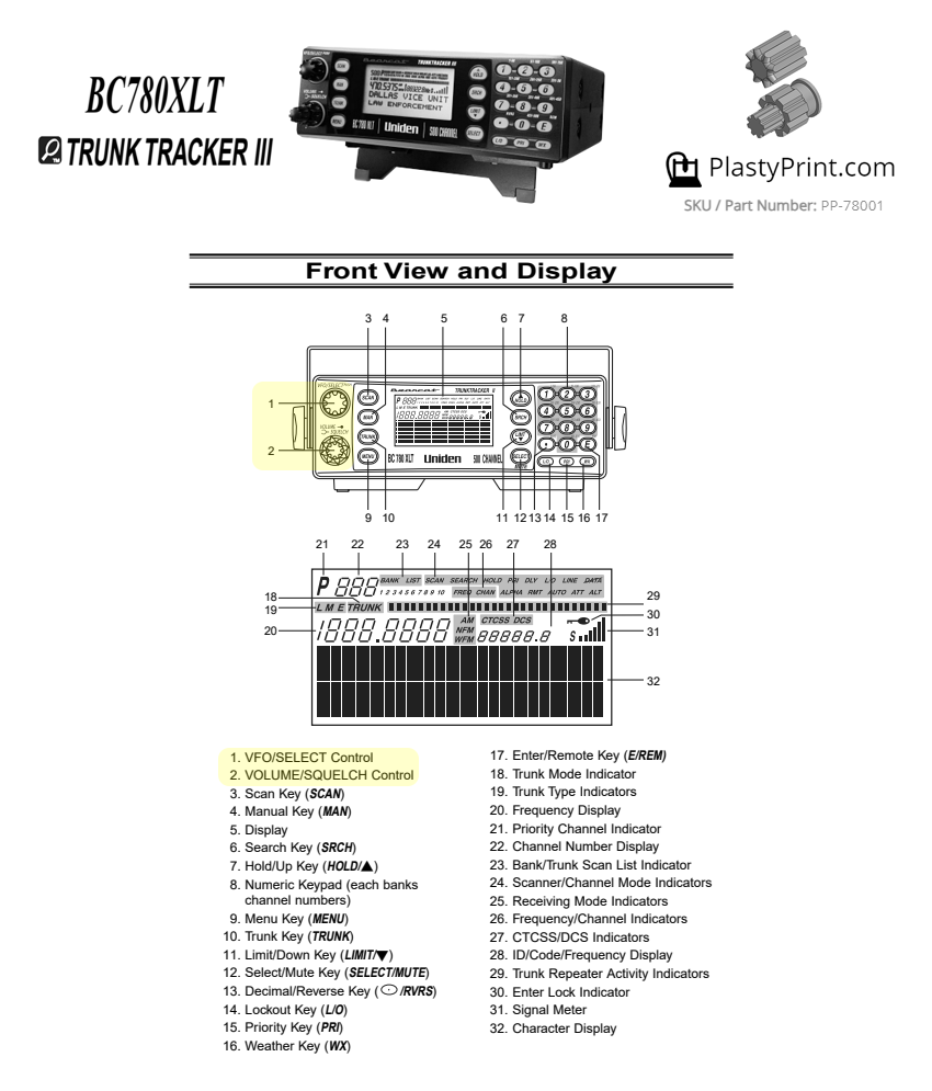 Uniden BC780XLT Radio Control Knobs Kit - Black