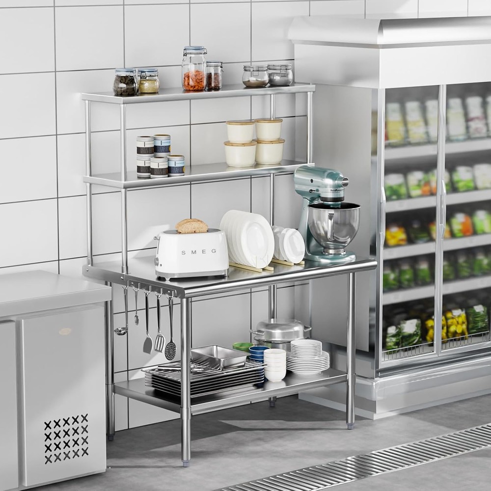 Heavy Duty 48"x30" Stainless Steel Prep Table with Adjustable Undershelf & Hooks