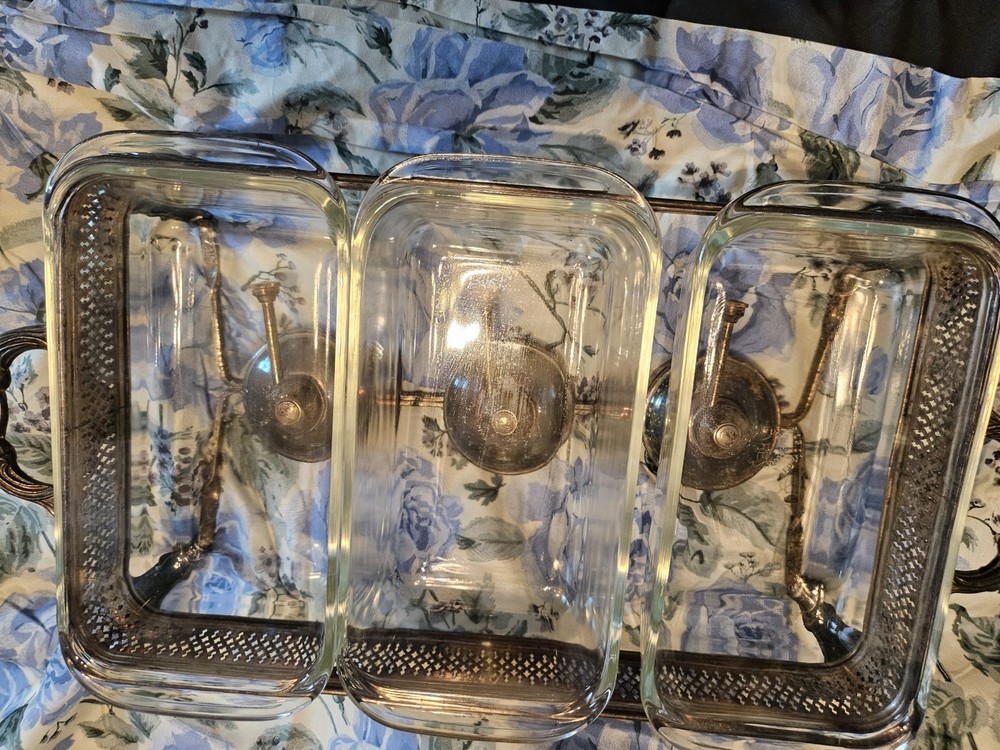 Pyrex 3-Compartment Rectangular Chafing Dish Silver Glass Large w/ Stand 3qt