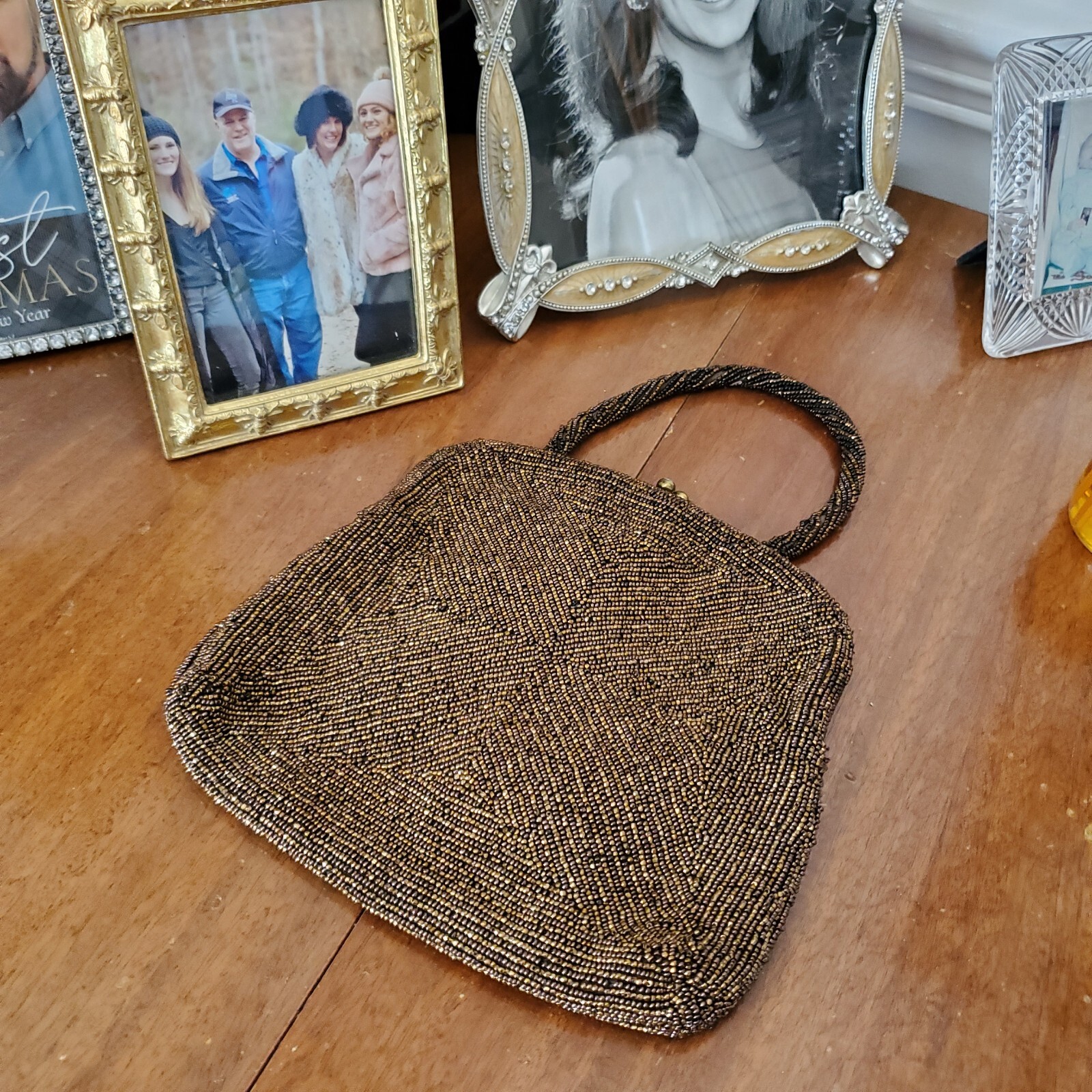 Joseph Horne Pittsburgh Belgium Brown Beaded Evening Bag Handle Twist Top Lock