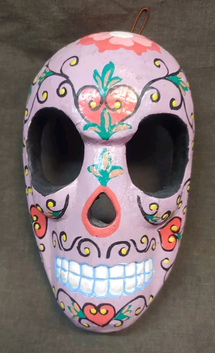 Hand Painted Carved Wall Hanging Sugar Skull Mask Day Of The Dead