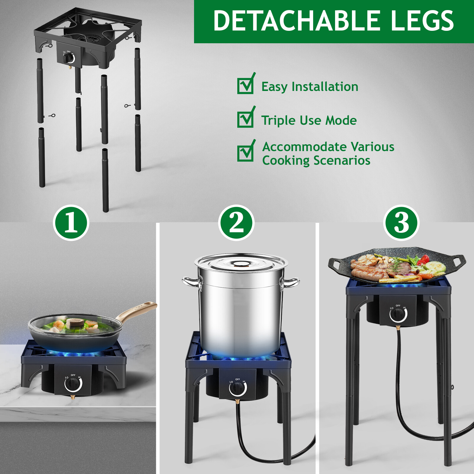 Zokop Portable Propane 225000-BTU 1-3 Gas Burners Outdoor Cooker Stove BBQ Grill