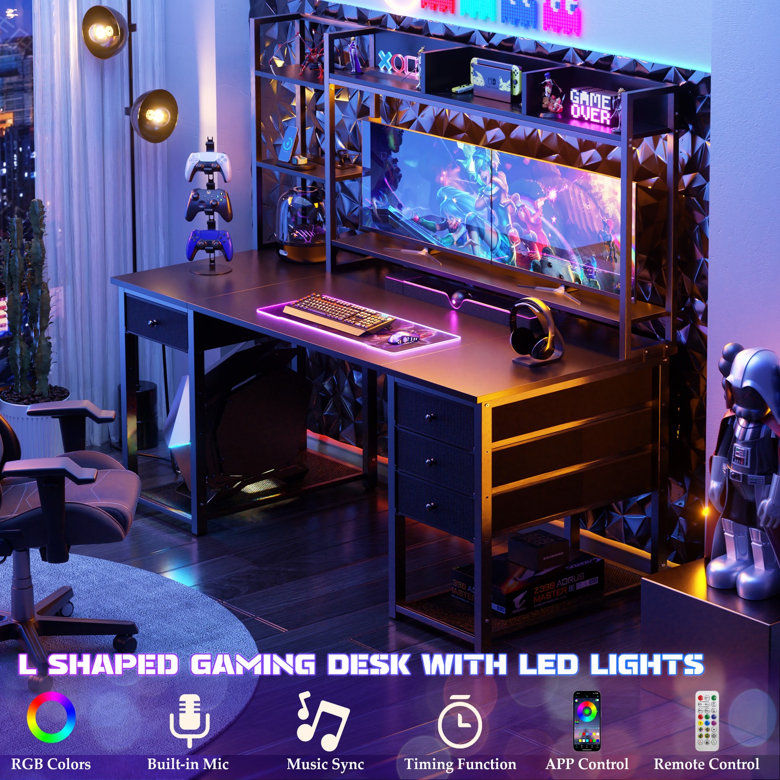 55'' Computer Desk with Hutch and 4 Fabric Drawer ＆ Charge Station ＆ LED Lights