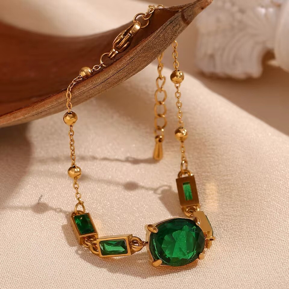 Green Oval Rectangular Bracelet Water Resistant 18K Gold Plated Prong Setting