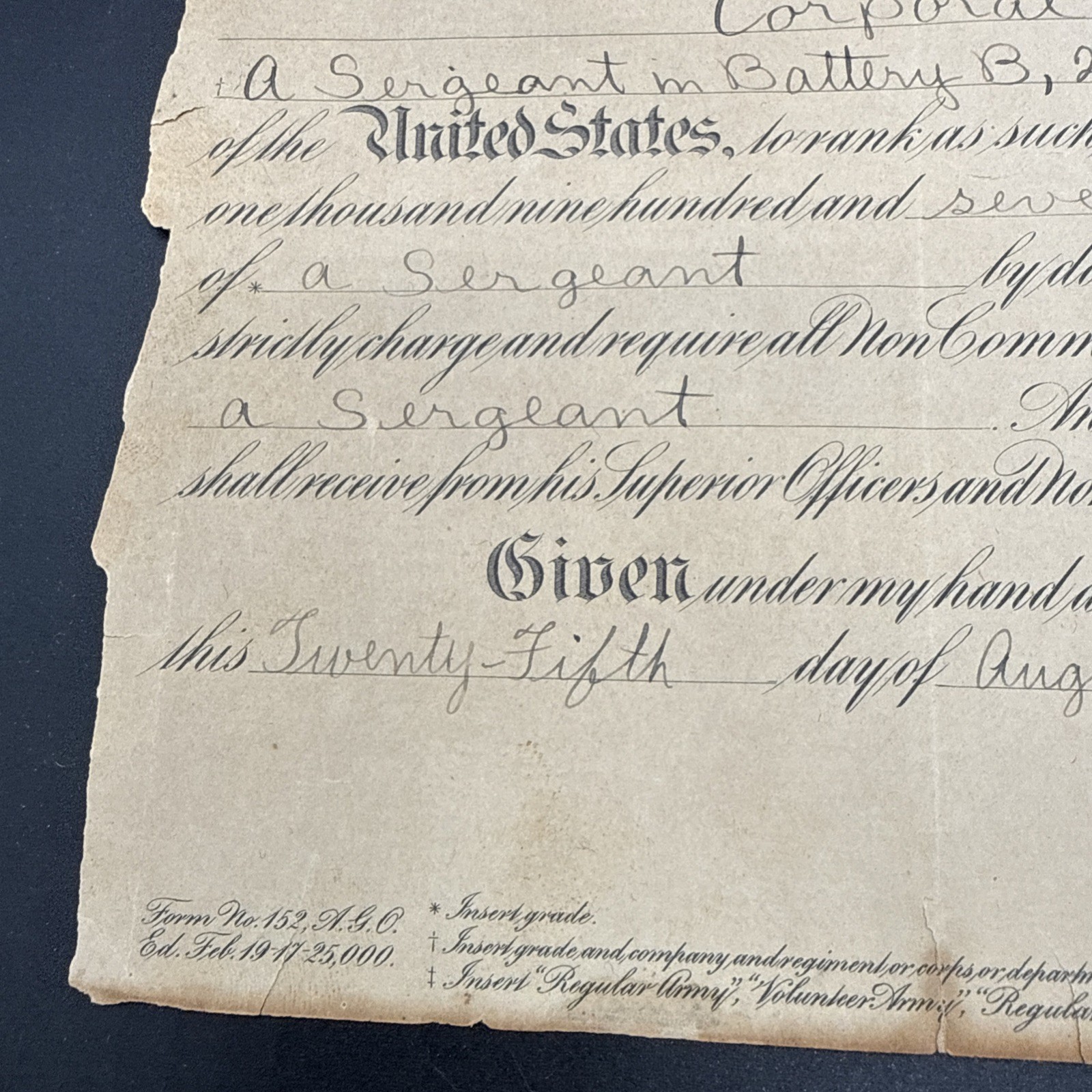 WWI 1917 5th Infantry Division 21st Field Artillery promotion certificate AEF