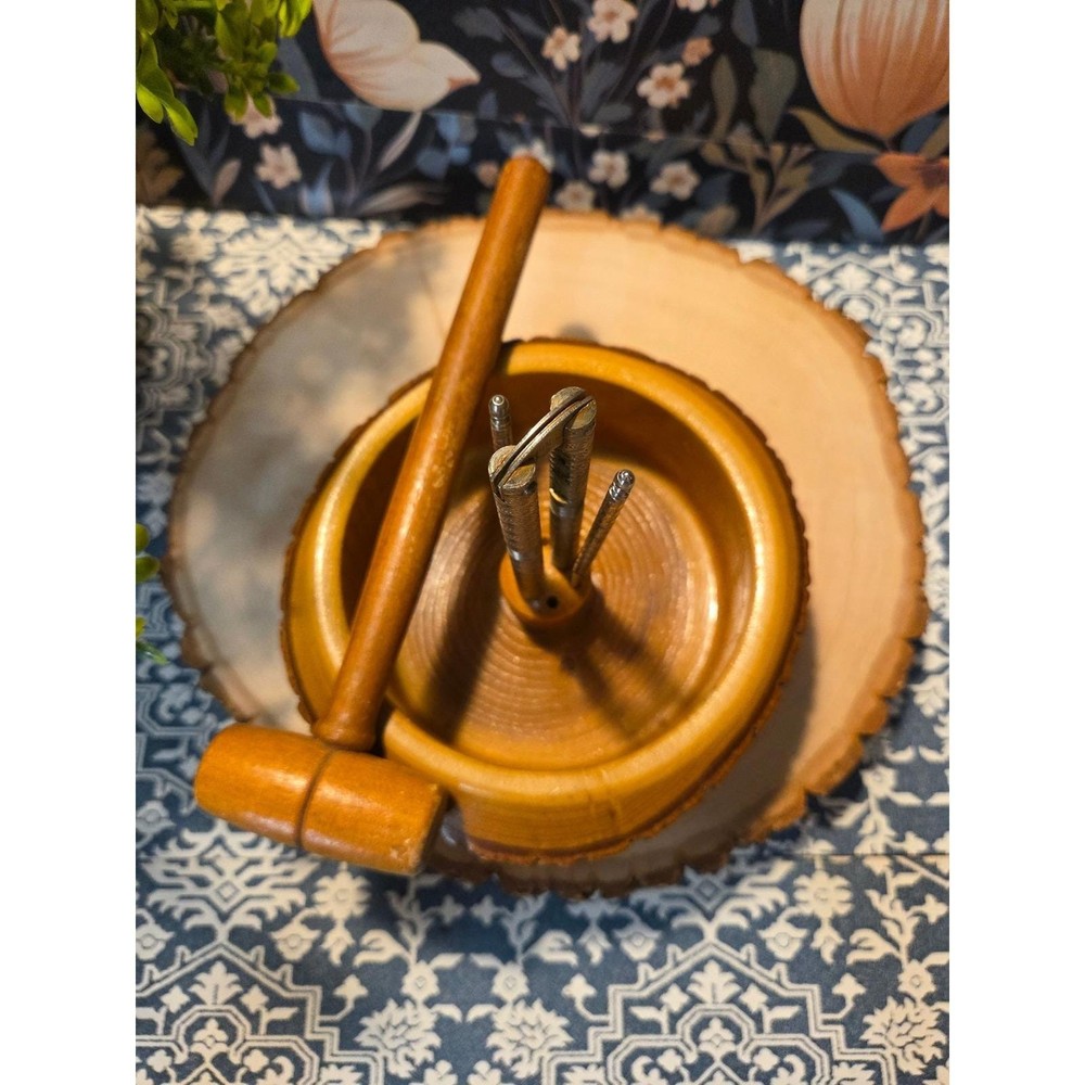 Rustic Wooden Nutcracker Bowl Set with Hammer and Picks Vintage