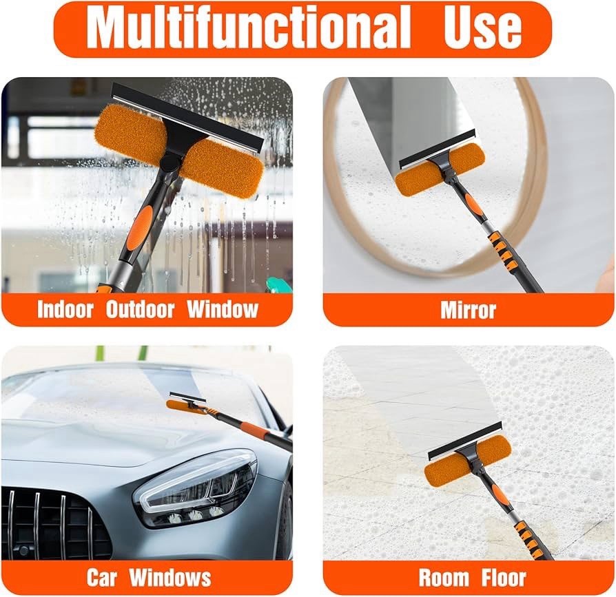 2-in-1 Extendable Window Squeegee Adjustable Head Absorbent Cloth Orange