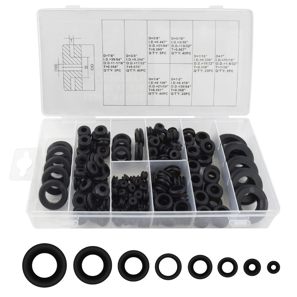 180 Pcs Assorted Rubber Grommet Kit Assortment Sizes 7/8"...