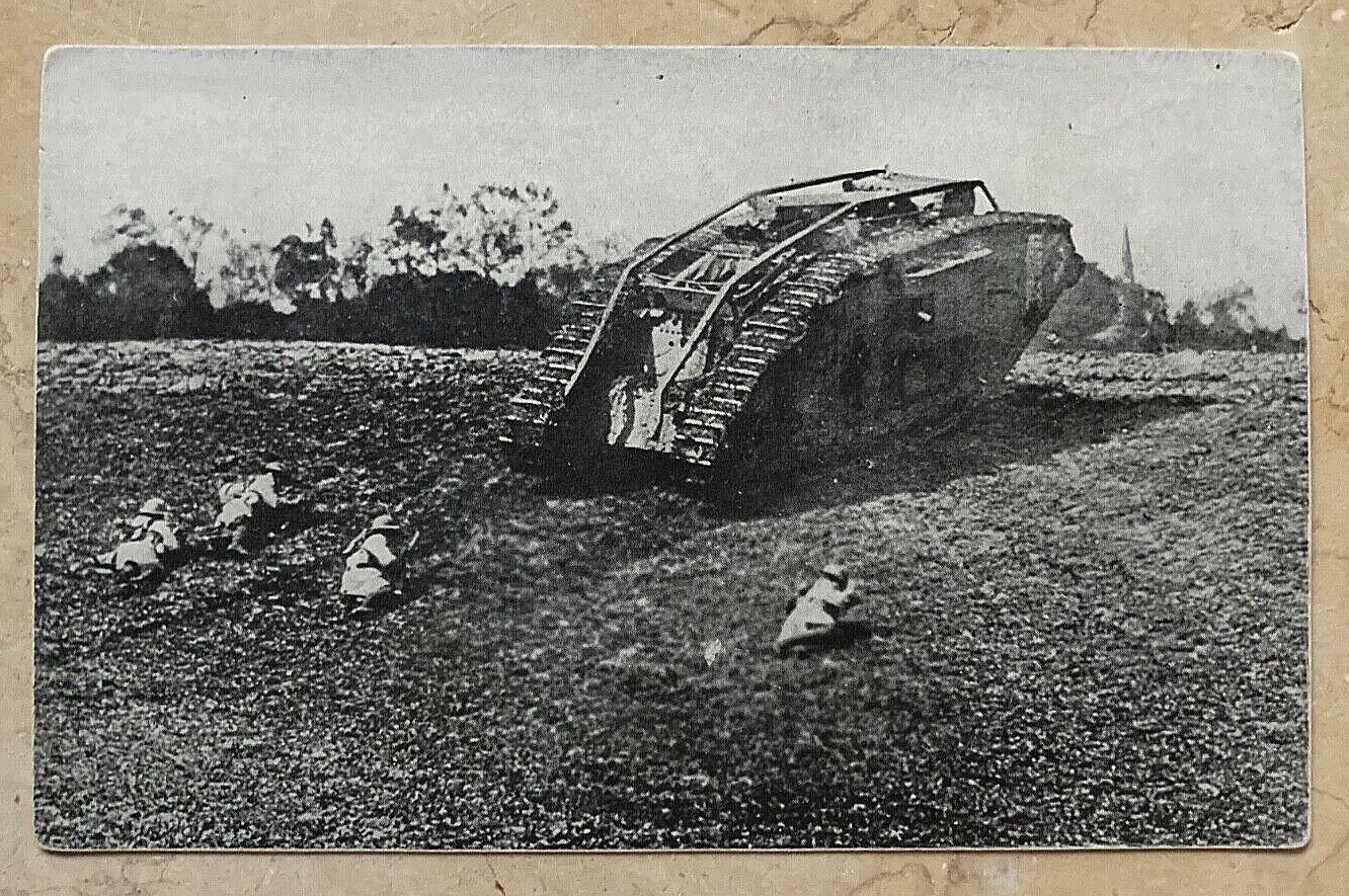 RARE RECYCLED! WW1 US ARMY 27TH DIV. 107TH INF. w/ BRIT TANK COVER LITHO PC 1918