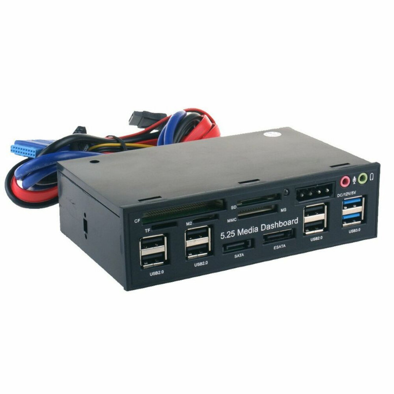 PC Front Panel 5.25" Dashboard Media Audio eSATA SATA Card Reader USB 3.0 Hub