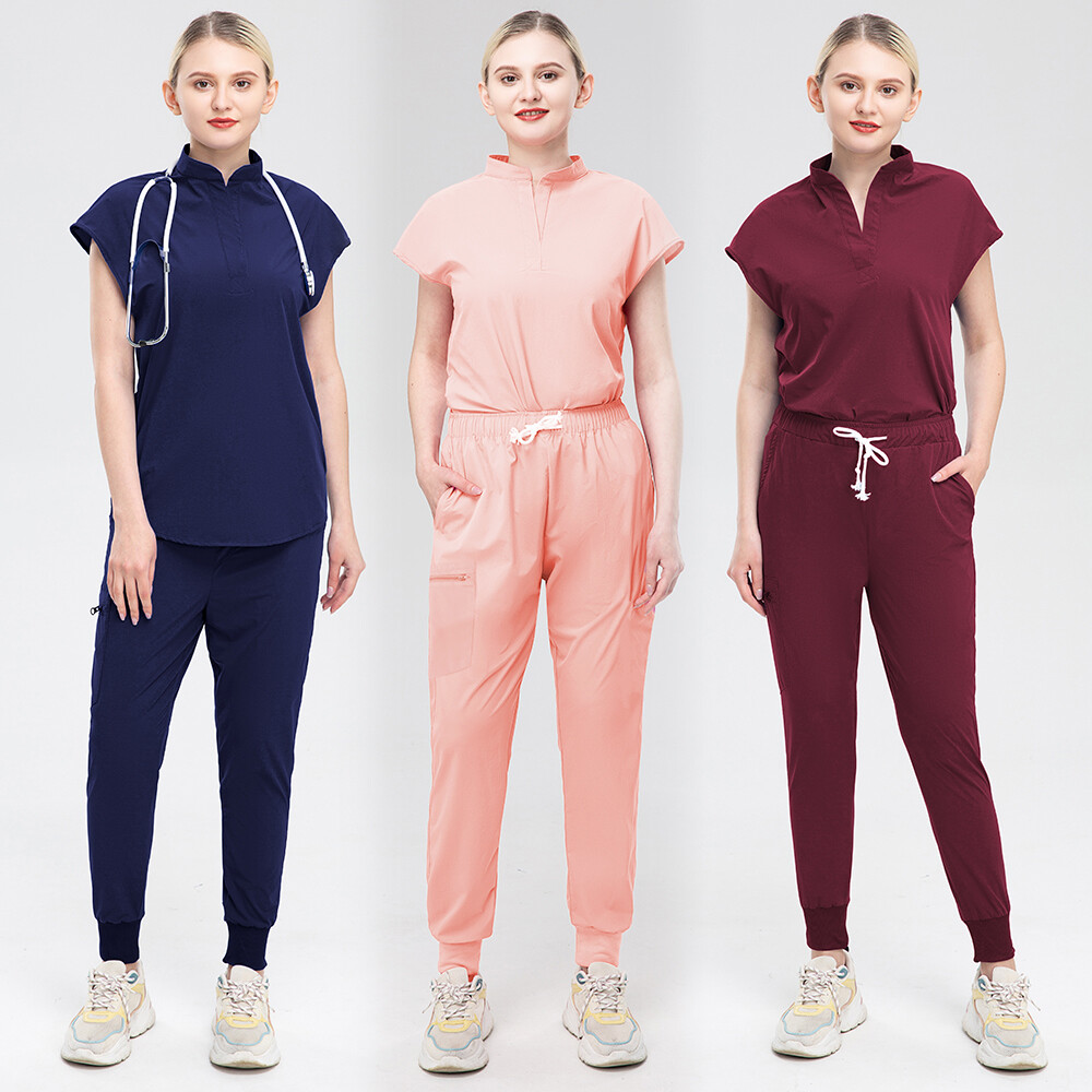 Women Scrub Sets Stretch Jogger Drawstring Pants Nurse Uniform Medical Workware