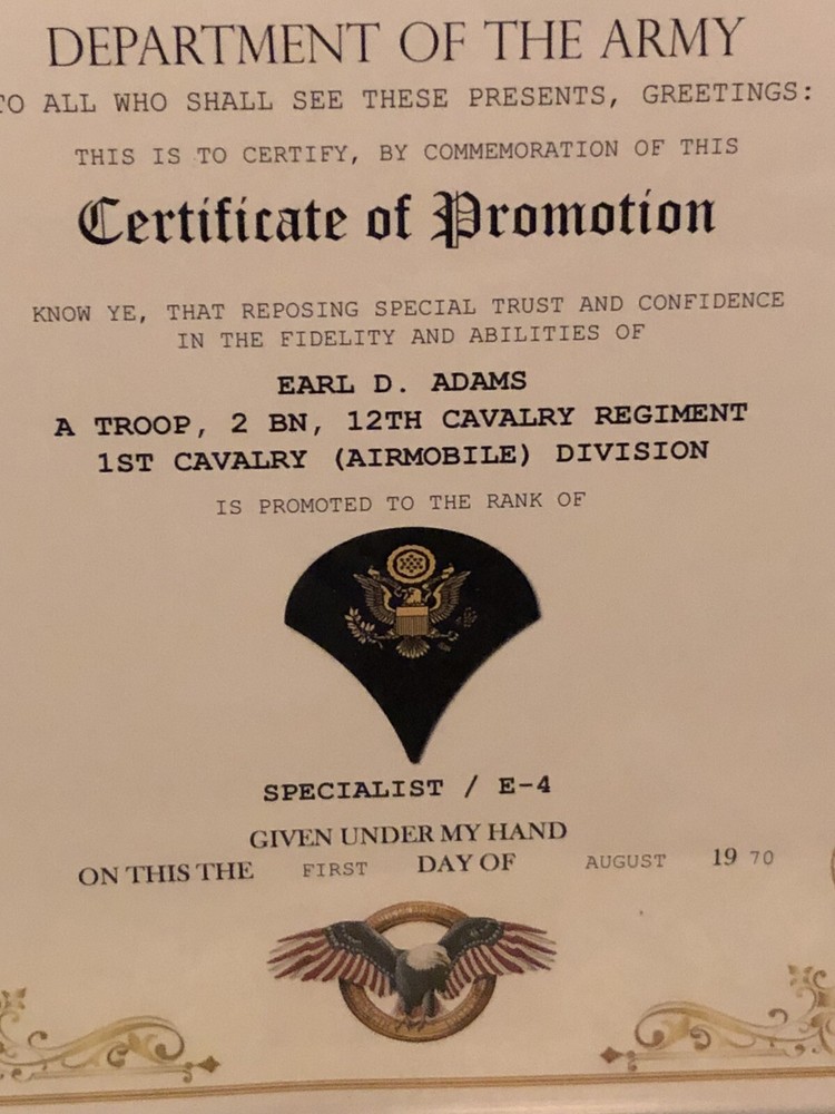 SPECIALIST / SPC-4 (E-4) U.S. Army ~ Commemorative Promotion Certificate
