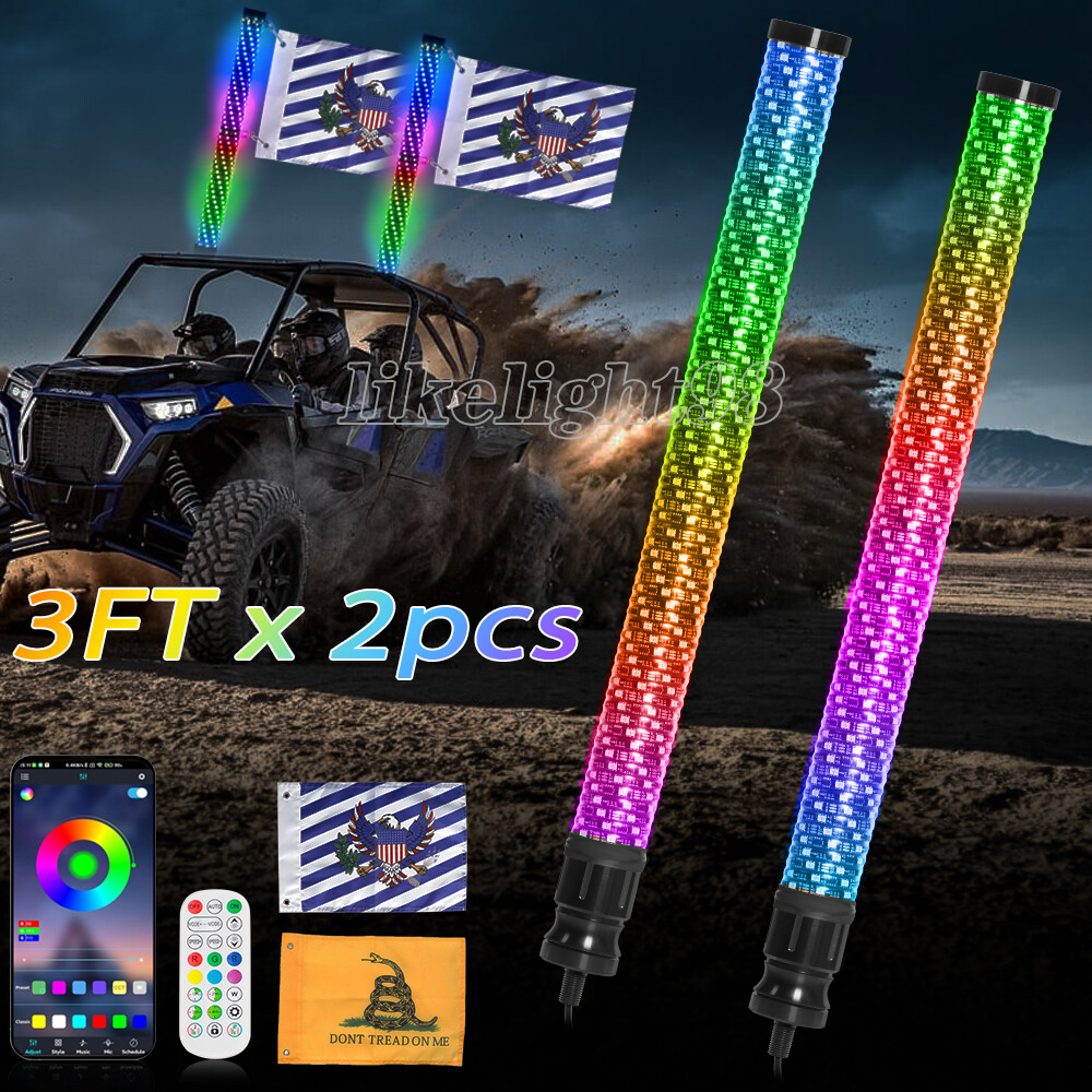 2x 3FT Thick LED Whip Spiral Chasing RGB Fat Whip Lights For Can Am Polaris RZR