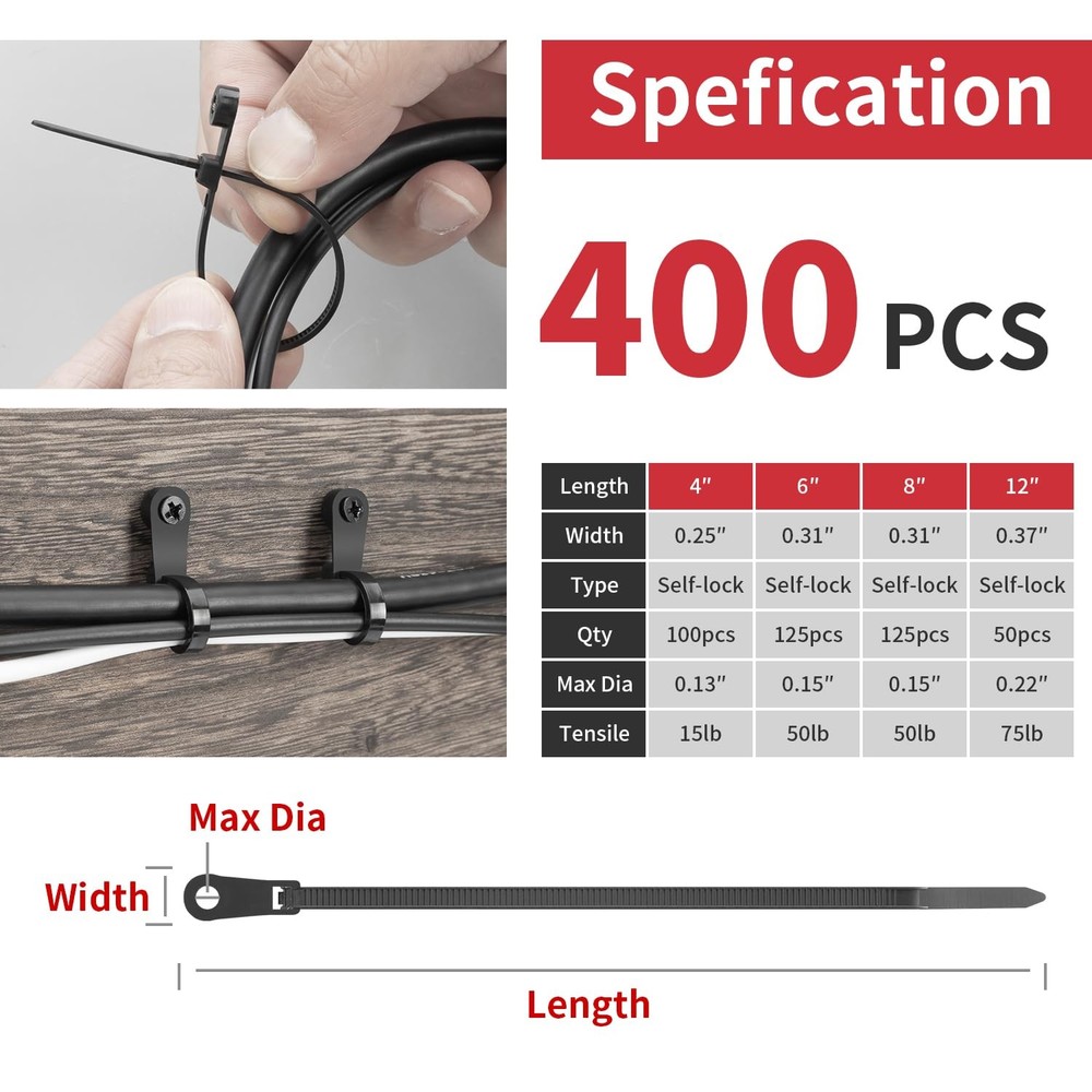 400 Pack Black Zip Ties with Screw Hole Assorted Sizes, Mountable Head Nylon ...