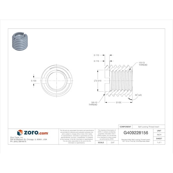 Standard Wall Self Locking Thread Insert, 1/2"-13 Int Thrd Sz, 316 Stainless