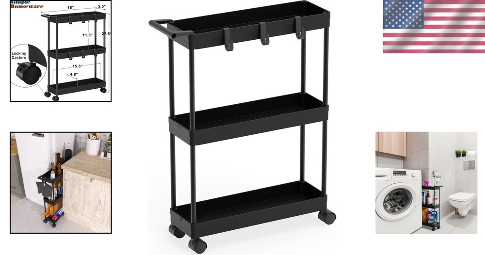 3-Tier Narrow Storage Cart with Wheels, Space-Saving Design