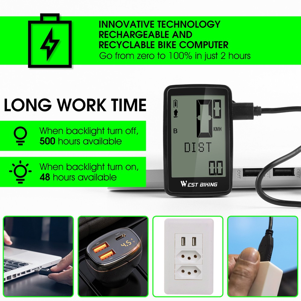 WEST BIKING Wireless USB Rechargeable Waterproof Bicycle Computer Speedometer