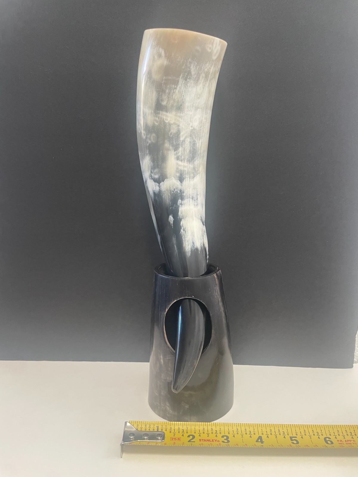 Large Polished Viking Drinking Horn & Matching Horn Stand - Natural Mead Vessel