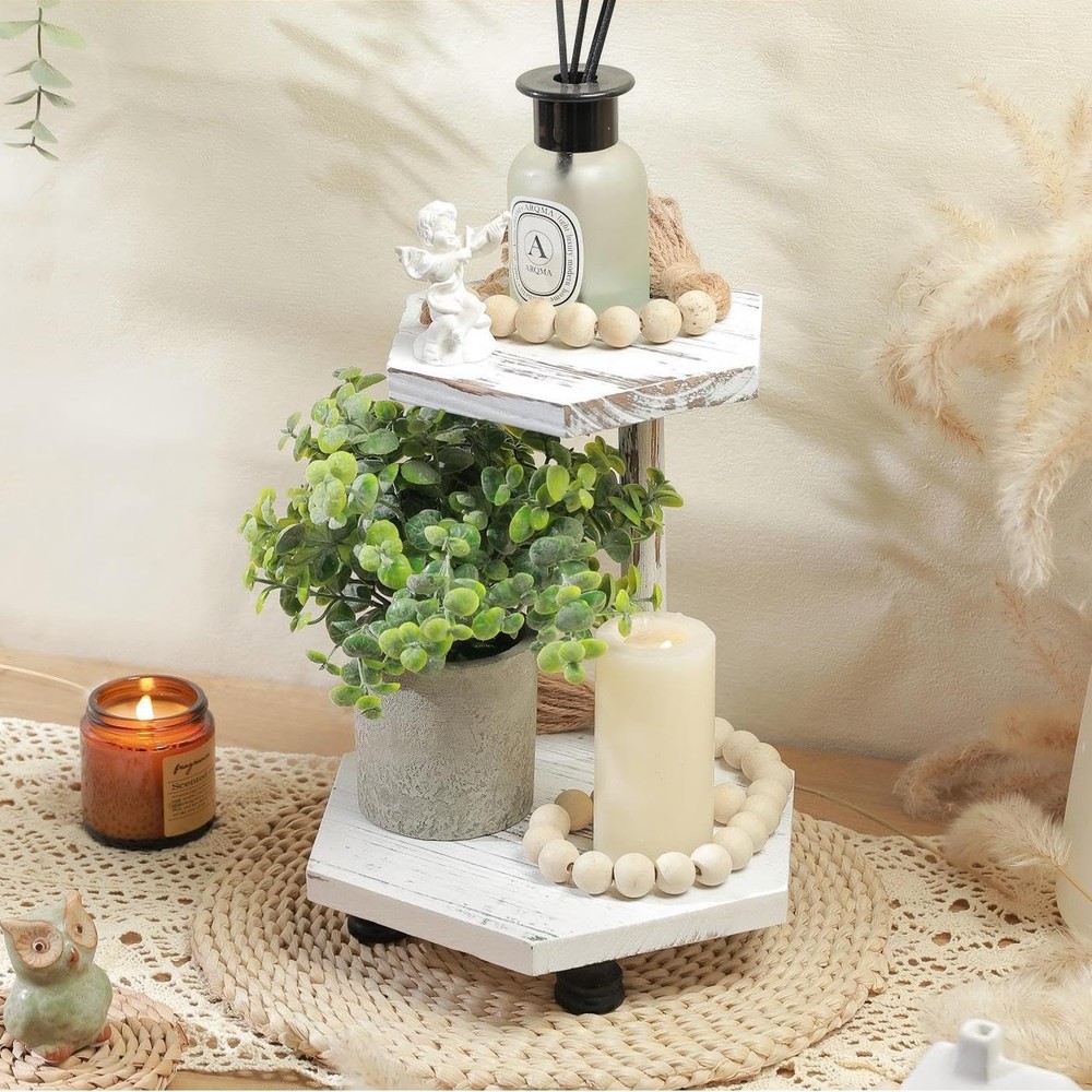 Hexagonal Wood Riser for Display, 2-Tier Wood Farmhouse Riser for Kitchen Bat...