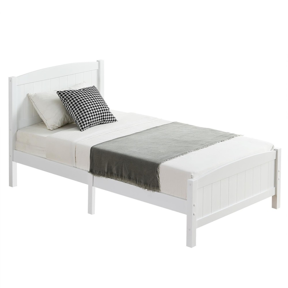 White Twin Size Solid Wood Platform Bed Frame Single Bed with Headboard