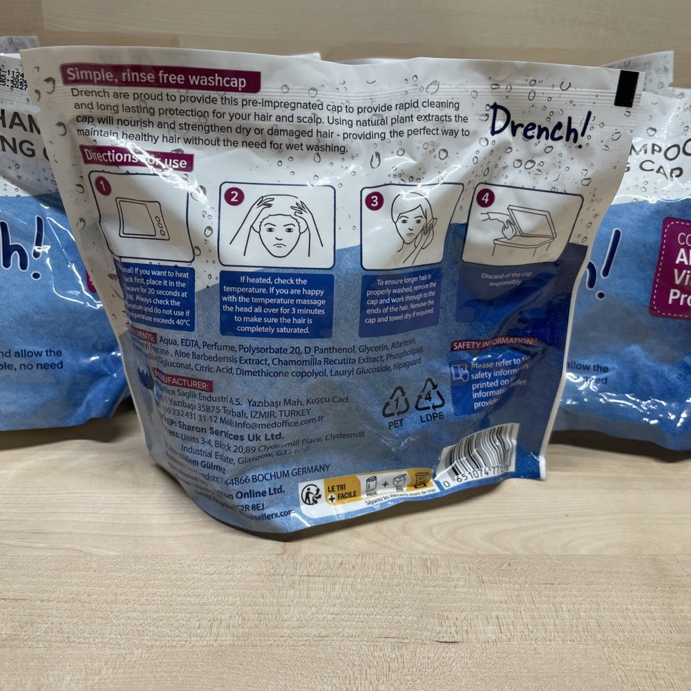 DRENCH! 12 Pack No Rinse Shampoo & Conditioning Cap EXP 11/27