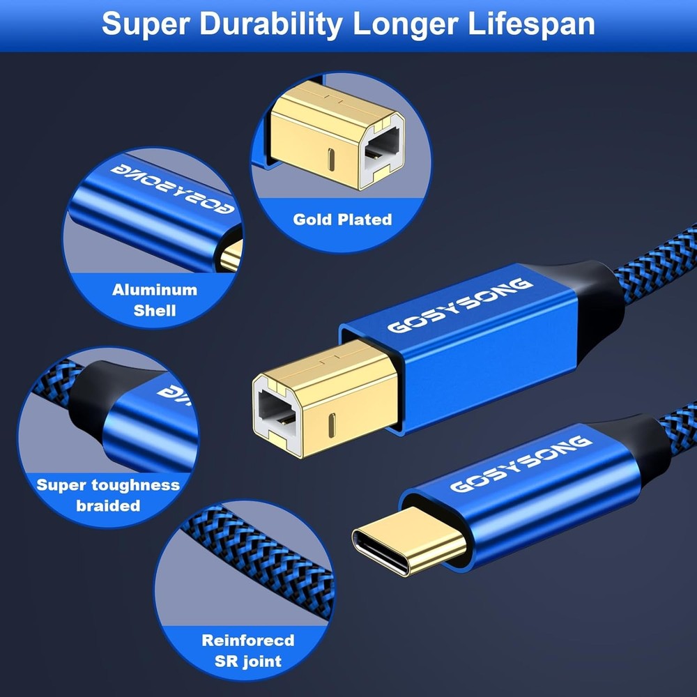 USB C Printer Cable 10ft, High Speed C to B Cord Blue
