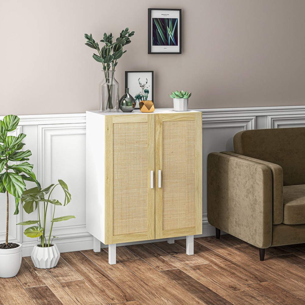 Kitchen Sideboard with 2 Rattan Doors & Adjustable Shelves, White