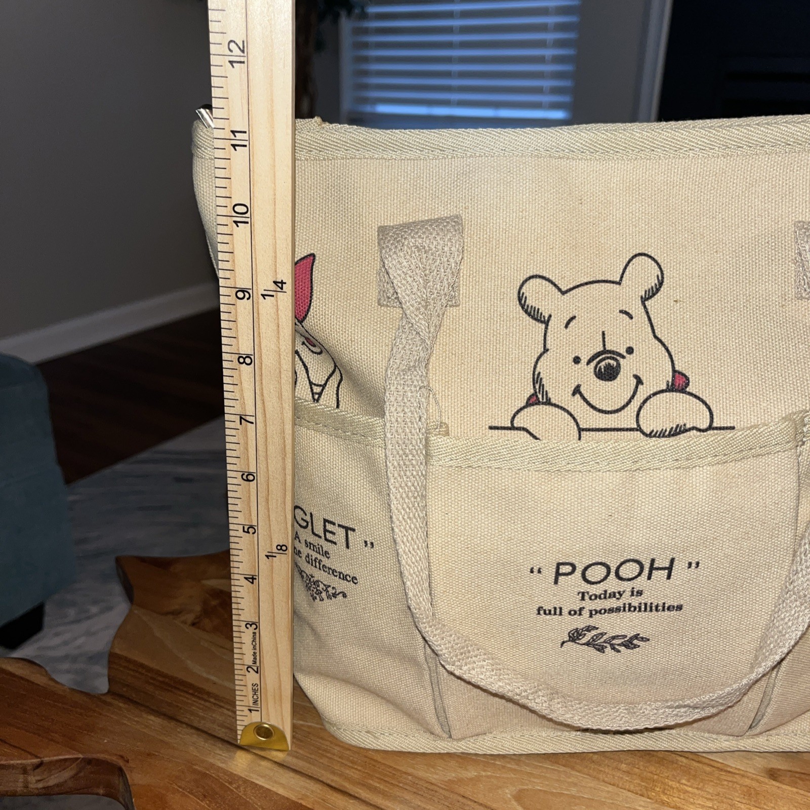 Winnie The Pooh Piglet Tigger Canvas Tote Bag Purse with Zipper & Pockets