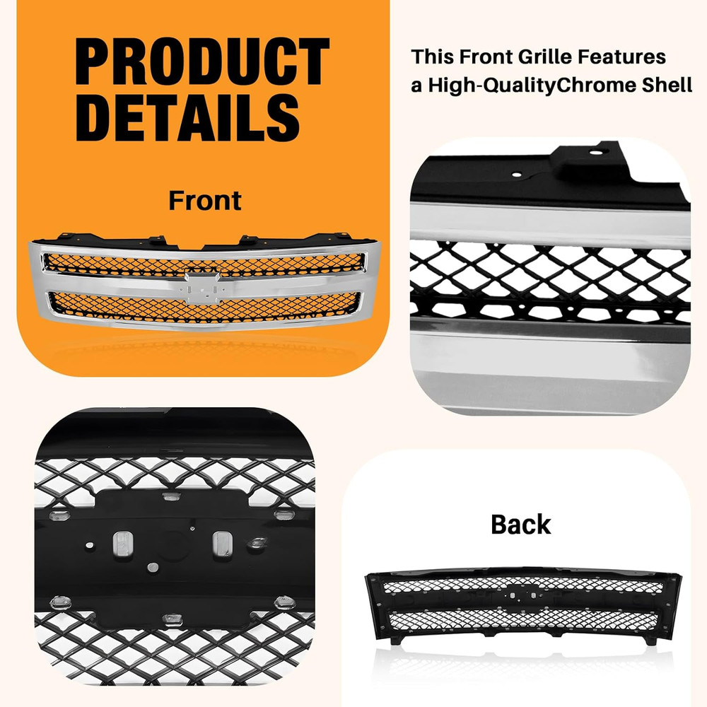 Front Grille Grill Chrome Shell with Black Insert Compatible with Chevrolet 2007