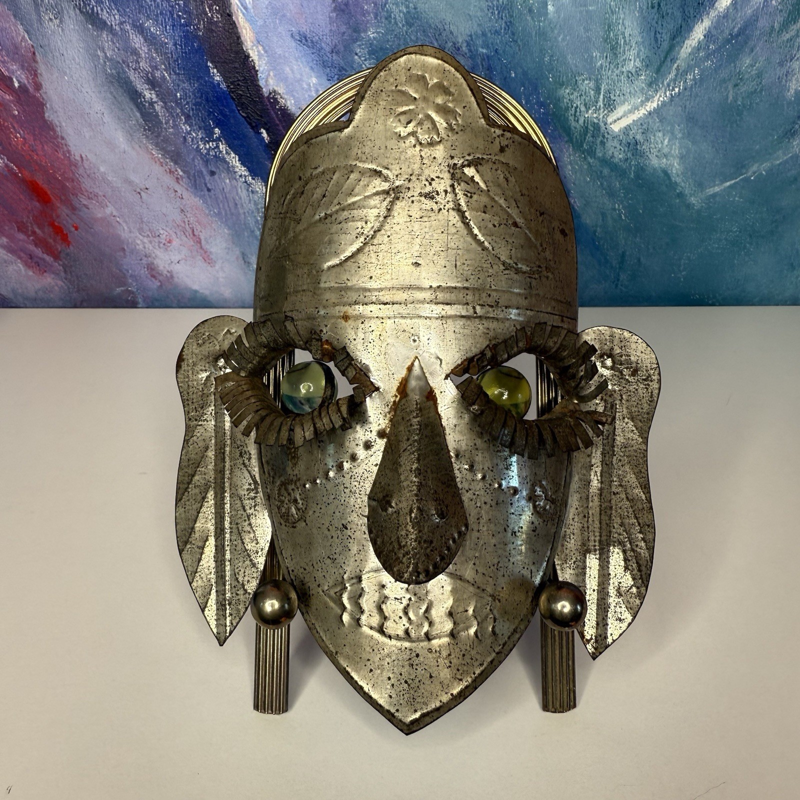 Mexican Tin Folk Art Face Mask Green Glass Eyes Wall Hanging Vintage Cultural