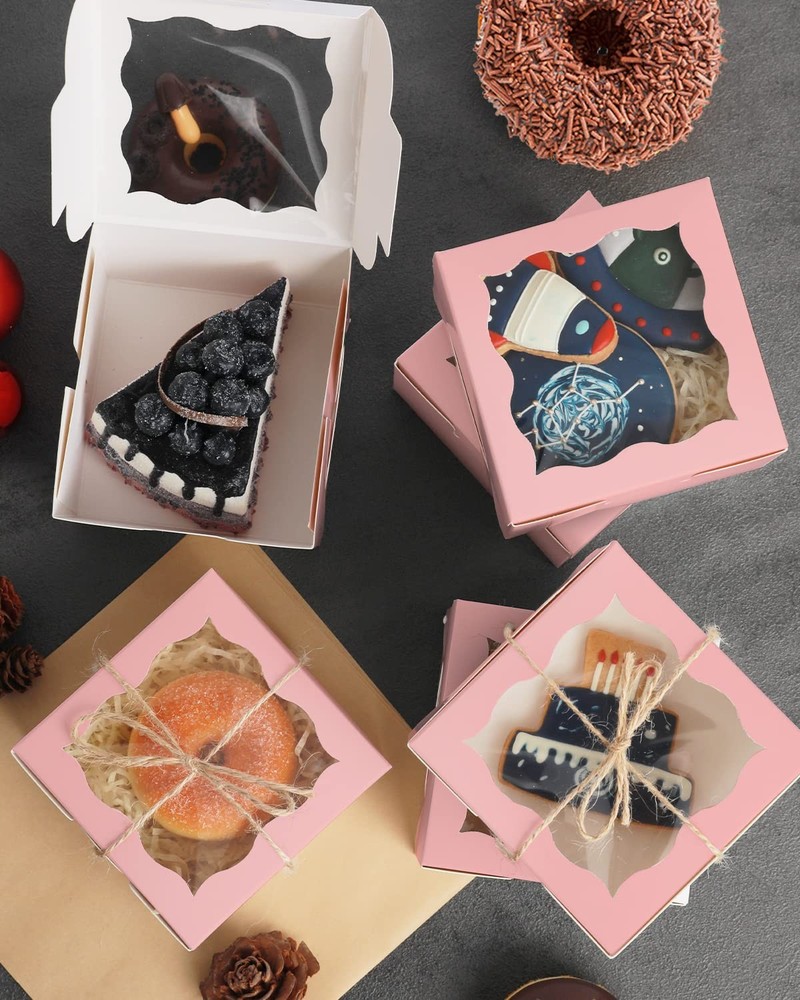 Pink Bakery Boxes with Window 100pcs 4x4x2.5 Mini Cookie Boxes Macaron Boxes ...