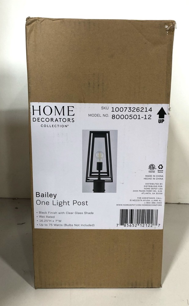 Home Decorators Bailey Modern 1-Light Black Outdoor Post Light New